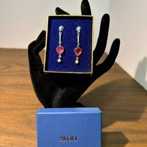 New Vintage 70s Avon Pink Heart Rhinestone & Pearl Earrings w/14k Wht Gold Posts